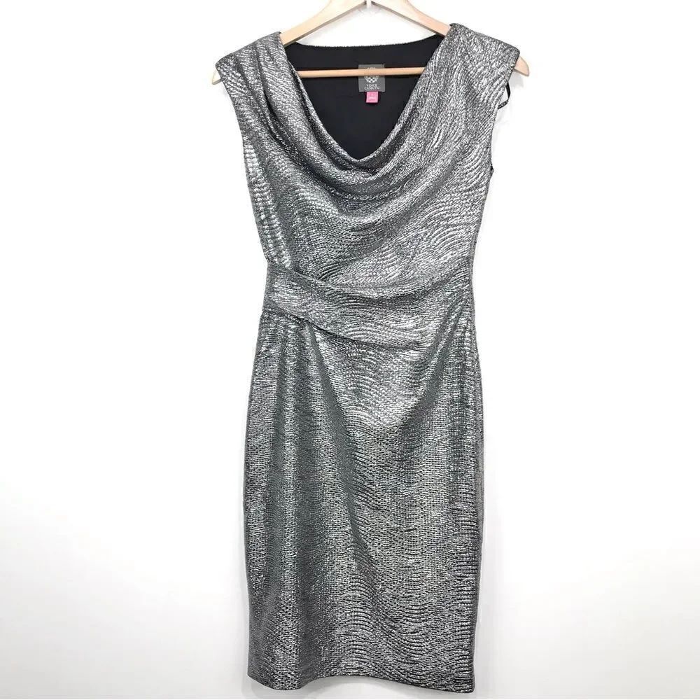 Vince Camuto Silver Sparkle Drape Neck Sleeveless Pencil Dress